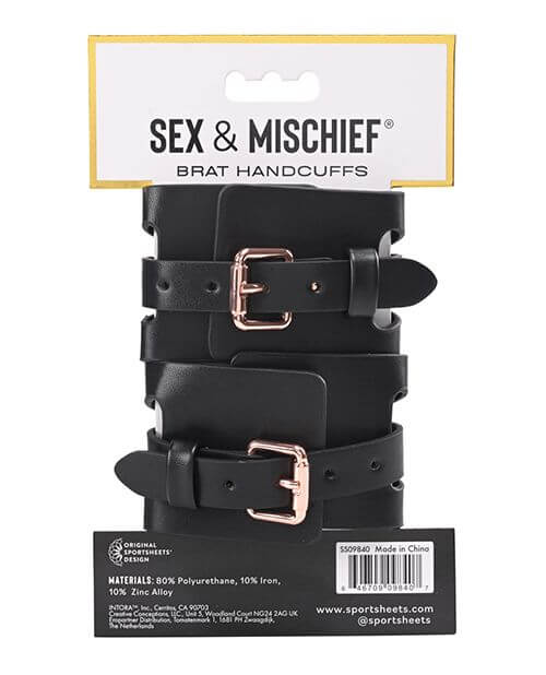 Backside of the packaging. The standard buckles that the Sportsheets Brat Cuffs have is shown here. | Kinkly Shop