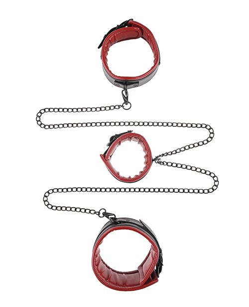Top down view of all three cuffs. This top down view showcases how large the wrist and ankle cuffs are to fit both ankles and wrists side by side. The collar looks small in circumference in comparison. Between each one of the cuffs is a matching chain that ties them all together. | Kinkly Shop