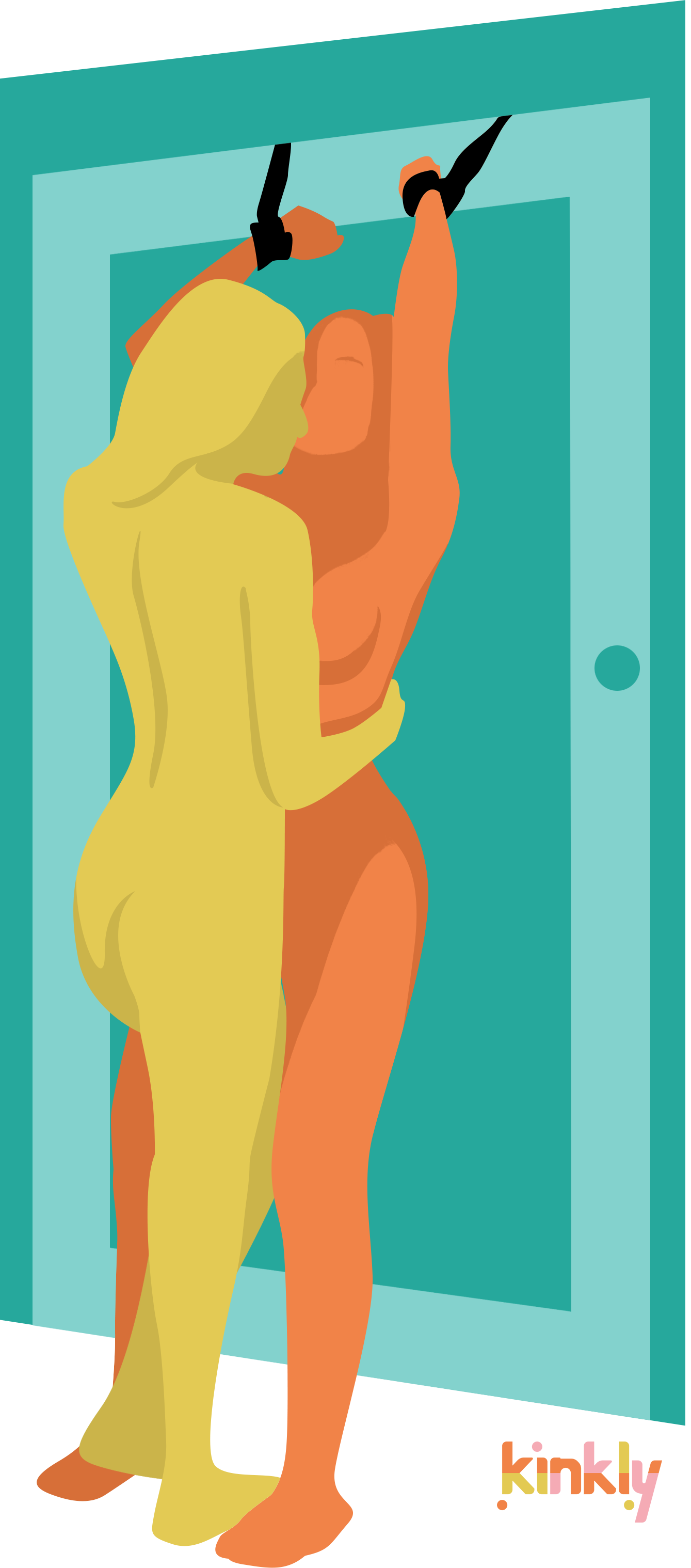 Illustration shows two people using the Sportsheets Door Jam Cuffs. The Door Jam cuffs are secured above the closed door, and one person has their hands held above their head by the cuffs. Their partner is standing close to them, making out with them as the bound person is secured by the cuffs. | Kinkly Shop