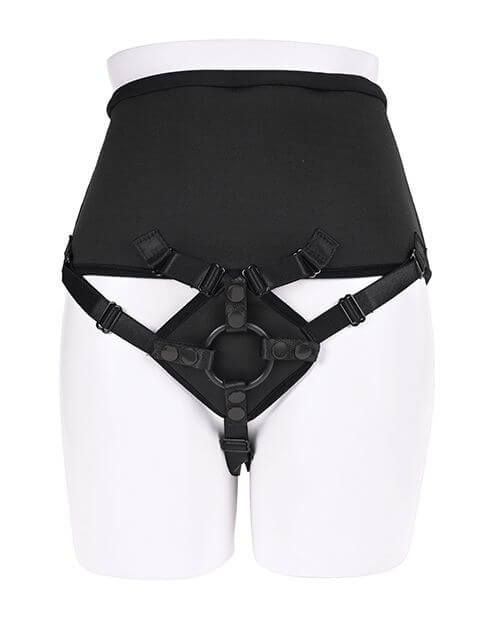 A mannequin wears the Sportsheets High Waisted Strap-On Corset Harness. The waist panel is long and tall and covers a lot of the mannequin's stomach. The front panel where the dildo goes looks nicely padded with multiple straps connecting it to the waist panel. | Kinkly Shop