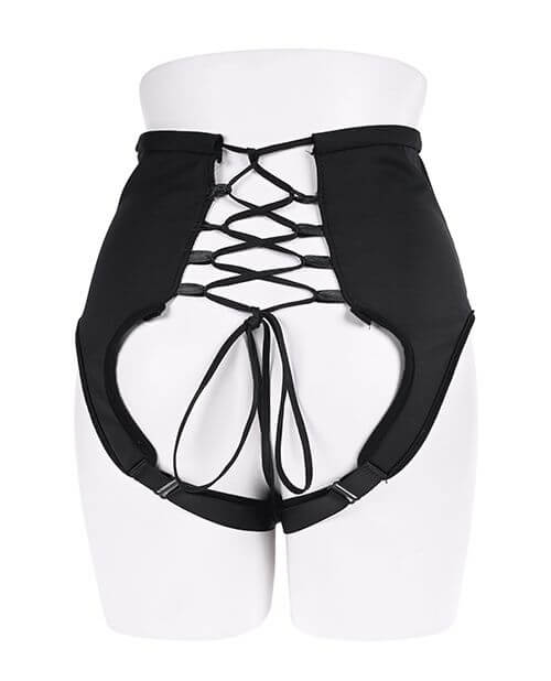Backside of the harness. The entire waist panel is fastened on the back by a corset ribbon to allow for full customization. The butt of the harness is bare and will show while the Sportsheets High Waisted Strap-On Corset Harness is worn. | Kinkly Shop