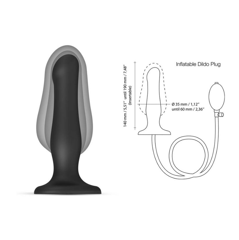 The Strap-on-Me Inflatable Dildo Plug is shown with multiple shadowed copies superimposed overtop of it to showcase how thick the toy can get. Next to it, the entire set up of the toy is shown including how the long tube connects to the base of the Strap-on-Me Inflatable Dildo Plug to connect to the inflation bulb on the other end of the tubing. | Kinkly Shop