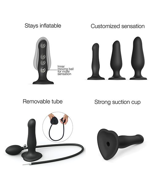 Multiple images of the Strap-on-Me Inflatable Dildo Plug shown next to one another to explain the different features of the Strap-on-Me Inflatable Dildo Plug. Text on this image reads: "Stays inflatable with inner moving ball for more sensation. Customized sensation. Removable tube. Strong suction cup." | Kinkly Shop