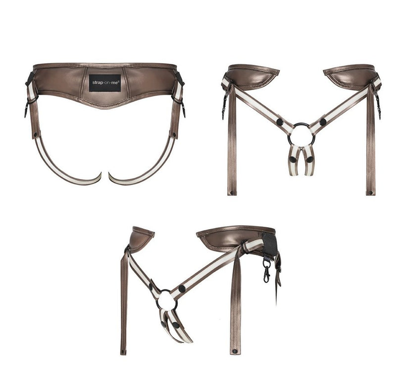 The Strap-on-Me Leatherette Desirous Harness on an "invisible" mannequin, shown how the harness would look from the front, the back, and a 3/4ths angle. It has two padded side panels that run along the backside but have an opening in the front. It is a jock-strap style harness with two straps that run between the thighs and underneath the butt when worn. | Kinkly Shop