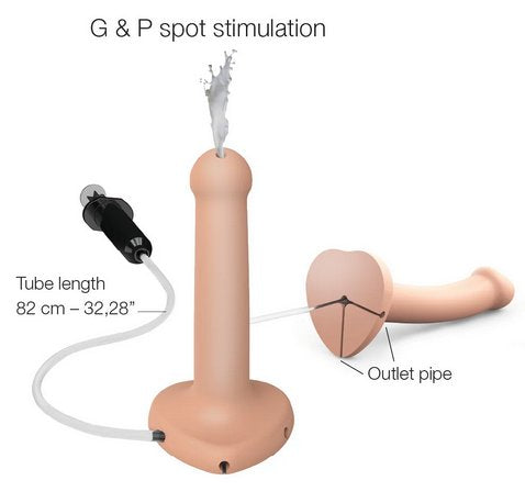 The Strap-On-Me Silicone Cum Dildo in front of a white background to showcase aspects of the dildo. A bottom view of the dildo showcases the three different tubing channels that the dildo has underneath it. The text on the image reads "G & P Spot stimulation. Tube Length: 82cm, 32.28". Outlet Pipe Times 3" | Kinkly Shop