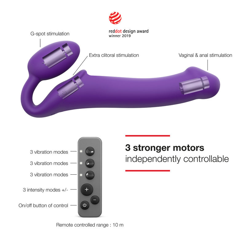Compiled image shows the Strap-On-Me Vibrating Bendable Strapless Strap-On toy and the remote control with text pointing out various aspects of the toy and remote. The vibe includes 3 vibration motors including a g-spot stimulation, extra clitoral stimulation, and vaginal and anal stimulation motor. The remote has 6 buttons: 3 that control those motors as well as increased and decreased intensity buttons and the on/off button. | Kinkly Shop