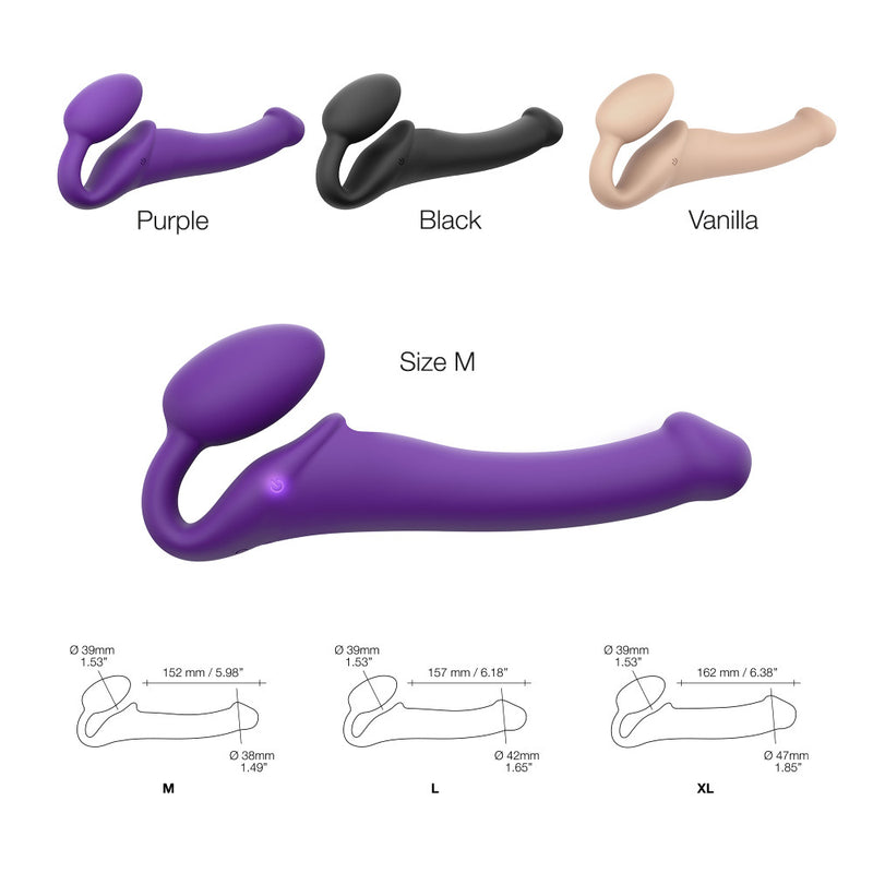 Compiled image shows the purple, black, and vanilla colors all next to one another. On the opposing side of the image, outlines of the toys are shown with the measurements for each of the sizes superimposed over the image. | Kinkly Shop