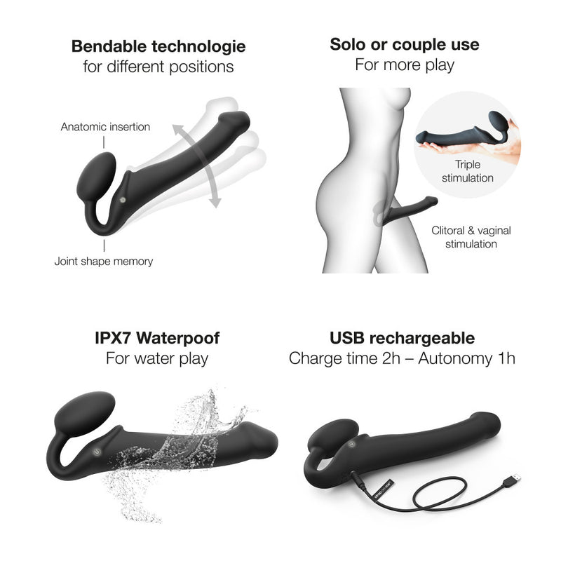 4 compiled images showcase different features of the Strap-On-Me Vibrating Bendable Strapless Strap-On visually. Text on the image reads: "Bendable technology for different positions. Solo or couple use for more play. Has triple stimulation and clitoral and vaginal stimulation. IPX7 waterproof for water play. USB Rechargeable with 2 hour charge time and 1 hour use time." | Kinkly Shop