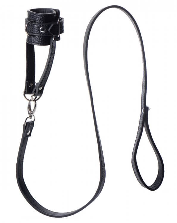 The Strict Ball Stretcher with Leash up against a white background. The Ball Stretcher is shown connected to the leash to showcase how both of the pieces fit together. | Kinkly Shop