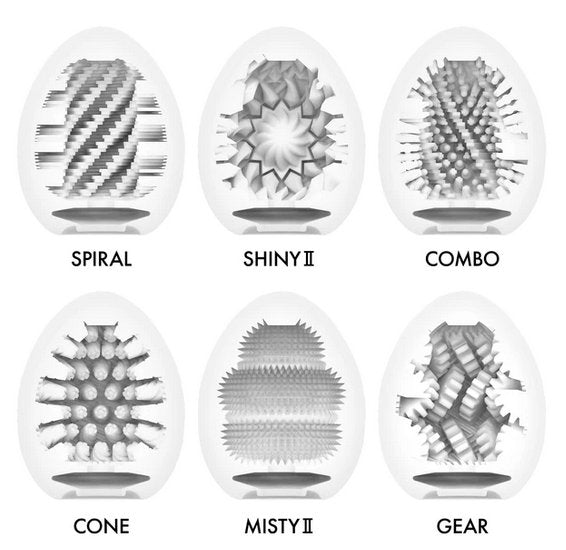 Cross-sectional views of the six egg textures included within the Tenga Egg Hard Boiled II. The textures include Spiral, Shiny II, Combo, Cone, Misty II, and Gear. | Kinkly Shop