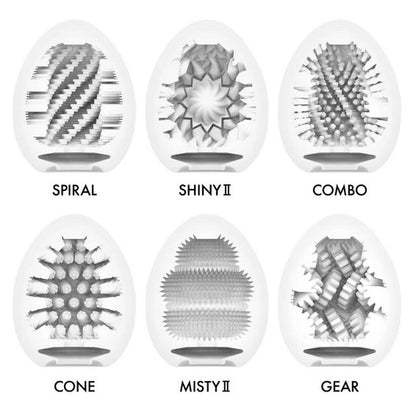 Cross-sectional views of the six egg textures included within the Tenga Egg Hard Boiled II. The textures include Spiral, Shiny II, Combo, Cone, Misty II, and Gear. | Kinkly Shop