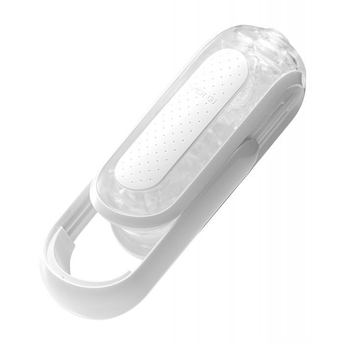 Tenga Flip Zero shown with the Slide Arms partially slid off. This angle showcases how the Slide Arms fasten both sides of the Flip Zero together during use to reduce any leaks and provide a pleasurable snugness. | Kinkly Shop