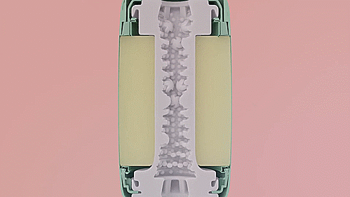 GIF showcases the exterior casing of the Tenga Puffy being squeezed inward, showcasing how the plushy material then squeezes the internal penis stroker chamber for tightness. | Kinkly Shop