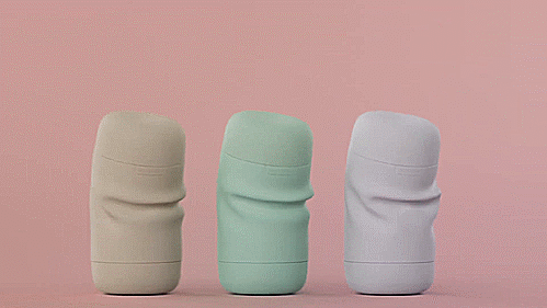 GIF of all three of the Tenga Puffy sleeves. All three sleeves are shown rotating within their flexible cases to showcasae the squishy design of the strokers. The words "Tenga Puffy. Super soft sensations" pop up in the final frame.| KInkly Shop
