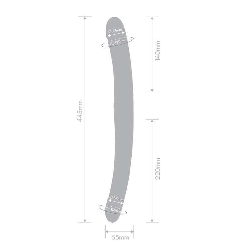 Outline of the Together Toy Duo Together with all of the measurements of the dildo superimposed on top of the dildo outline. All measurements can be found via text within the product description. | Kinkly Shop