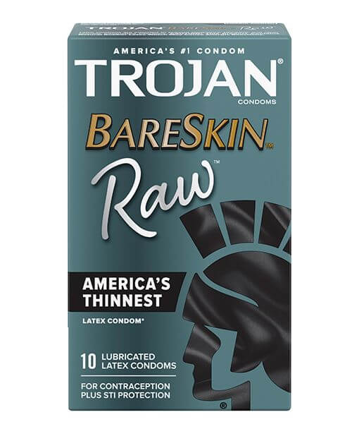Front side of the packaging of the Trojan Bareskin RAW Condoms box | Kinkly Shop