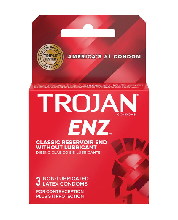 Packaging for the 3 pack of the Trojan ENZ without Lubricant Condoms | Kinkly Shop