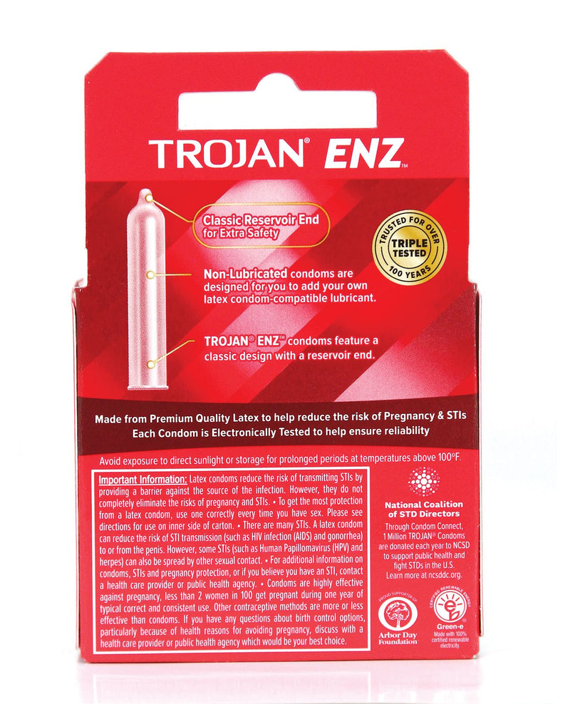 Backside of the packaging of the Trojan ENZ without Lubricant Condoms in a 3 pack. | Kinkly Shop