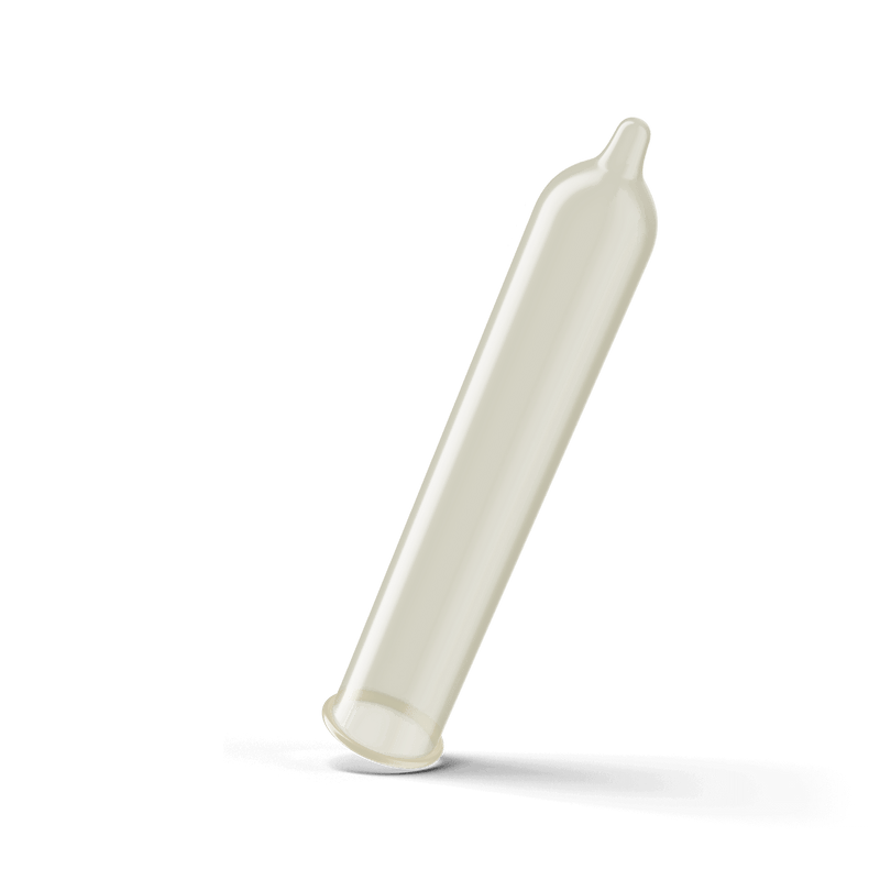 A Trojan ENZ without Lubricant Condom completely unrolled showcasing the shape of the condom. It has a straight design with a reservoir tip. | Kinkly Shop