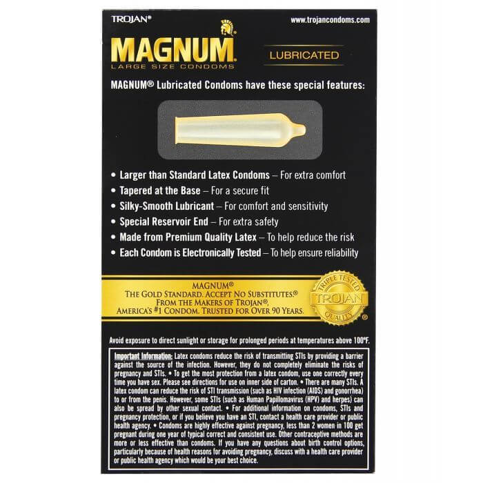Backside of the packaging for the 12 pack of the Trojan Magnum Condoms | Kinkly Shop