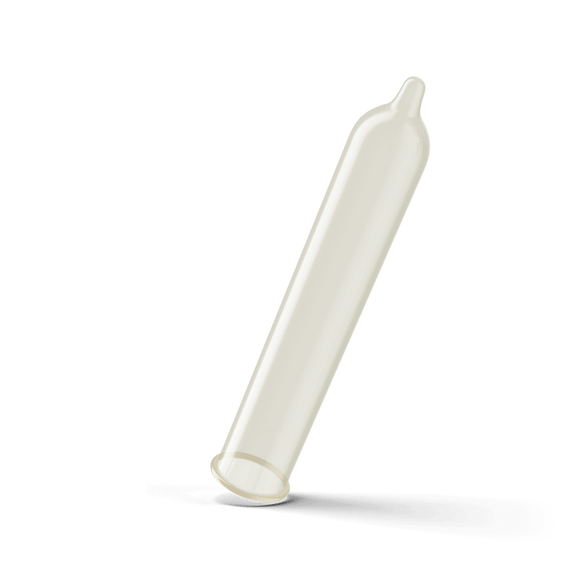 One of the Trojan Ultra Thin Condoms entirely unrolled. This showcases the straight design of the condom alongside the resevoir tip at the tip of it. | Kinkly Shop