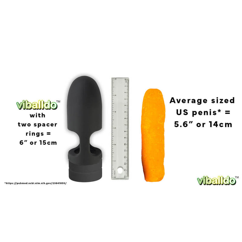 The ViBalldo and a carrot displayed next to one other on a plain white background. The text reads "ViBalldo with two spacer rings equals 6" in length. Average sized US penis equals 5.6" in length." | Kinkly Shop