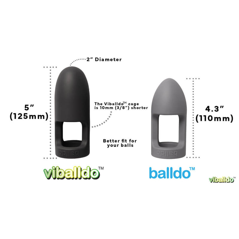 The ViBalldo next to the Balldo. Measurements for both are superimposed on top of the product. The ViBalldo is slightly longer in length with a cage that's 10mm shorter than the regular Balldo. | Kinkly Shop