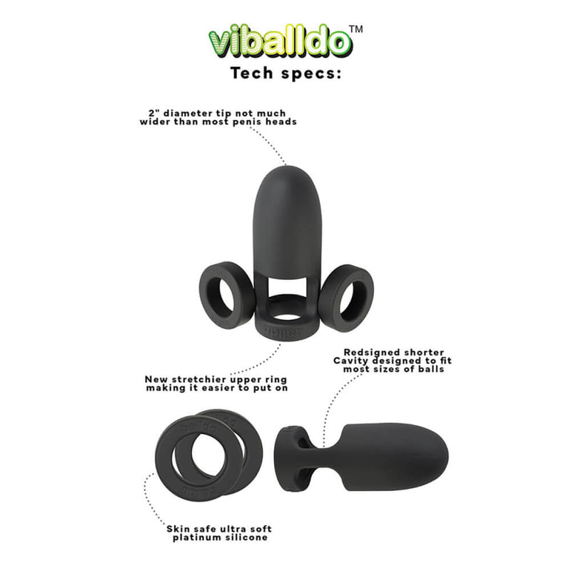 Two photos of the ViBalldo showcase different aspects of the toy. Text on the image reads: "2" diameter tip not much wider than most penis heads. New stretchier upper ring making it easier to put on. Redesigned shorter cavity designed to fit most sizes of balls. Skin-safe ultra-soft platinum silicone." | Kinkly Shop