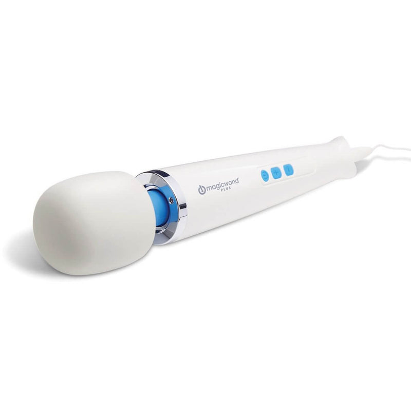 Magic Wand Plus with the head angled towards the camera. This showcases the smooth silicone head that looks plushy and soft to the touch compared to the smooth, all-plastic handle. | Kinkly Shop
