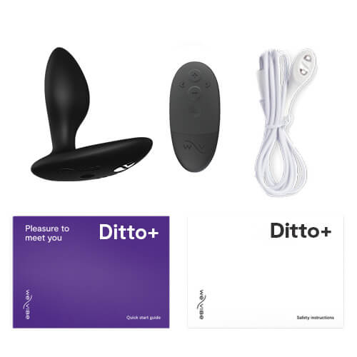 Everything included within the We-Vibe Ditto+ laid out in a single image. There's the plug, the physical remote, the charging cable, and the instruction manuals. | Kinkly Shop