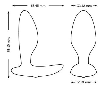 Outline of the We-Vibe Ditto+ plug against a white background. The measurements are written around the illustrated outlines. All measurements can be found via text within the product description. | Kinkly Shop