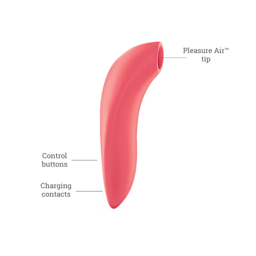 A side profile of the We-Vibe Melt with features pointed out via text. There's the hollow Pleasure Air tip, the control buttons near the base of the handle, and the charging contacts at the very base of the handle. | Kinkly Shop