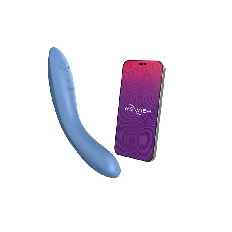 The We-Vibe Rave 2 posed next to a cell phone that has the We-Vibe Connect app open on it. | Kinkly Shop