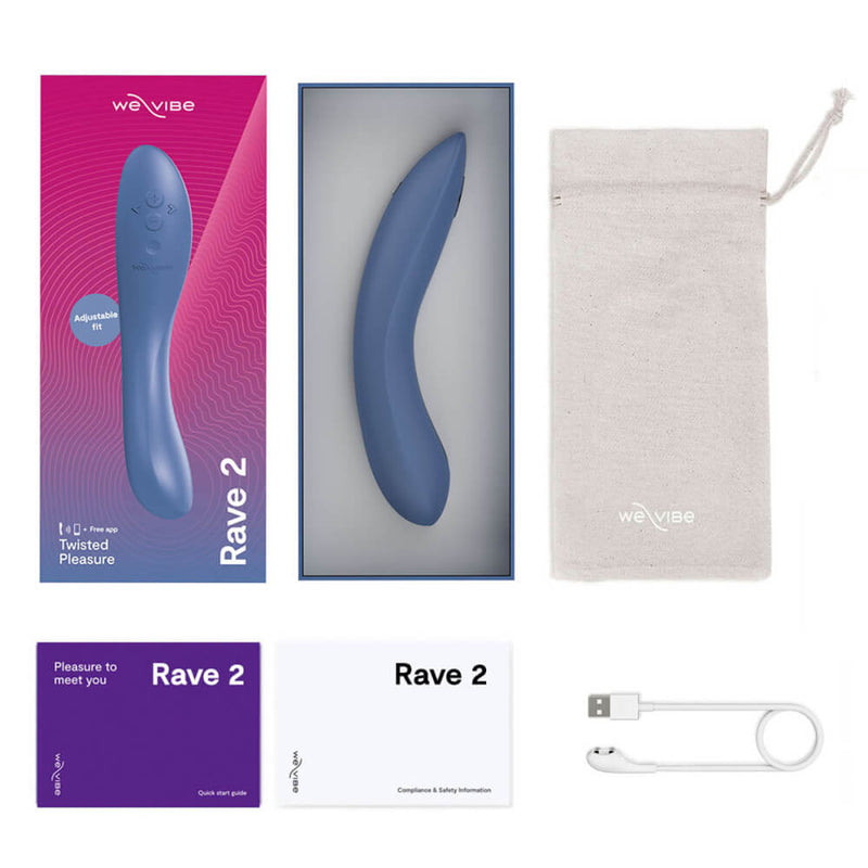Everything that's included with the We-Vibe Rave 2. This includes the vibrator, the cotton drawstring storage pouch, a quick start guide, safety information guide, and the charging cable. | Kinkly Shop
