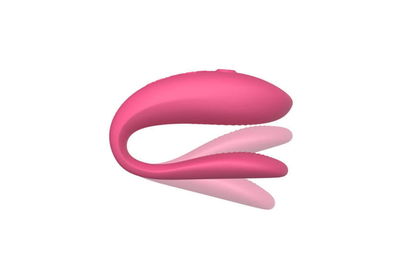 The We-Vibe Sync Lite in Pink with multiple positions of the g-spot end superimposed over the Sync Lite's form. It can be bent inwards or outwards for a tighter or looser angle during use. | Kinkly Shop