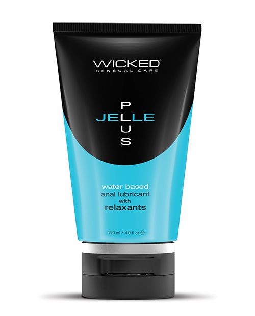 Front side of the Wicked Jelle Plus Relaxing Anal Lube bottle. It is primarily black with a blue accent color. It's a triangularly-shaped squeeze bottle. | Kinkly Shop