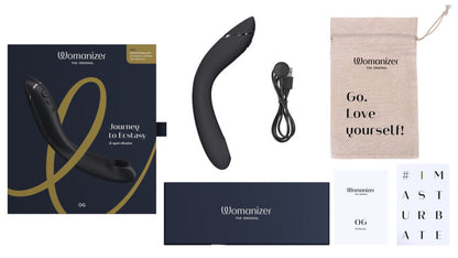 Everything that comes with the Womanizer OG. There's the box itself, the OG, the charging cable, a cotton bag to storage the toy, the instruction manual, and more. | Kinkly Shop