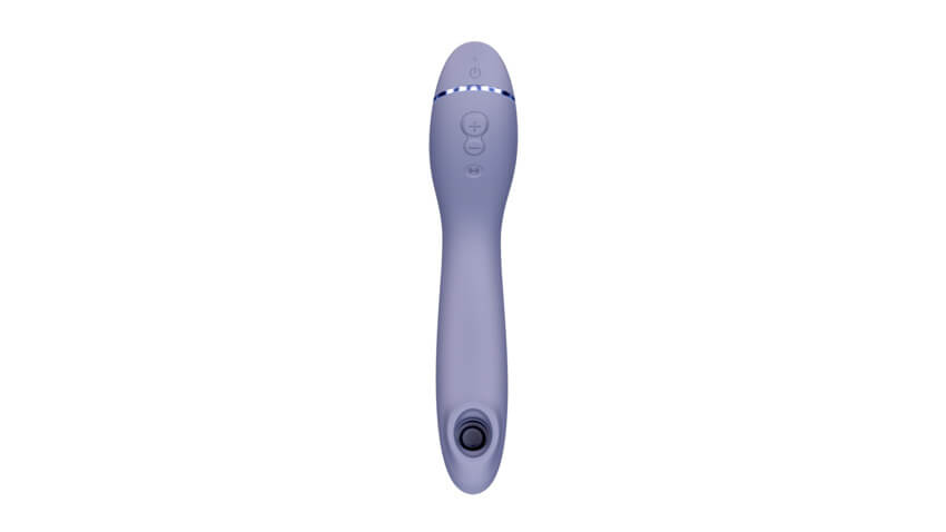 A top-down view of the Womanizer OG showcases the multiple buttons at the base with the open air-suction tip at the end of the vibrator. The air suction tip looks deep. | Kinkly Shop