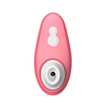 Front side view of the Womanizer Liberty 2. There are two buttons on the shaft of the sex toy - a plus button and a minus button. | Kinkly Shop