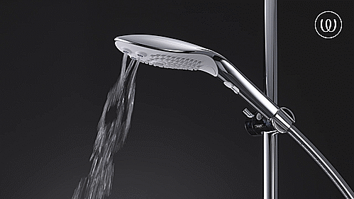 GIF showcases the Pleasure Whirl water cascading from the shower head. It looks like three swirling water jets. | Kinkly Shop