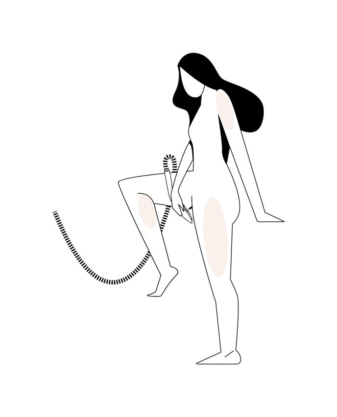 Illustration of a person using the Womanizer Wave in the shower. They have one leg propped up onto an elevated ledge of the shower, and they're holding the Womanizer Wave between their legs with a single hand for pleasure. | Kinkly Shop