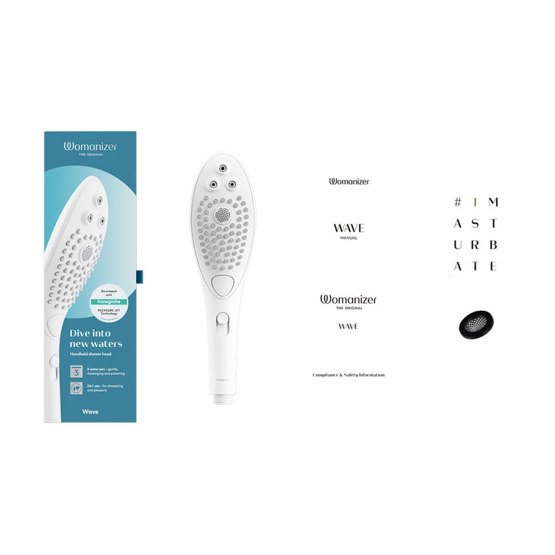 The Womanizer Wave with everything that's included with the Womanizer Wave. It has the shower head itself, the sieve, a safety booklet, and an instruction booklet for the shower head. | Kinkly Shop