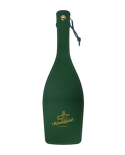 Backside of the Wood Rocket Champain Paddle. It's a deep emerald green aside from the etched, gold "Wood Rocket" emblem near the base. | Kinkly Shop