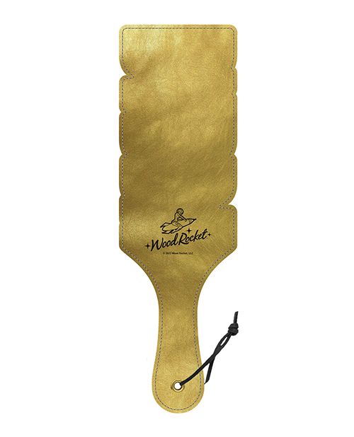 Back side of the Wood Rocket Daddy Paddle. The entirety of the paddle is the shimmery gold material except the "Wood Rocket" logo which is etched into the paddle in black. | Kinkly Shop