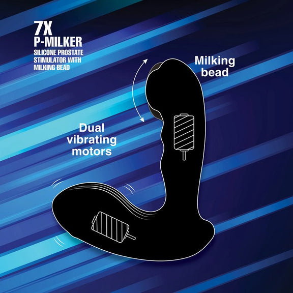 Illustrated outline of the XR Brands Alpha Pro 7x Milker Prostate Stimulator to showcase where the motors and functions are on the prostate stimulator. The milking bead is at the very tip of the XR Brands Alpha Pro 7x Milker Prostate Stimulator. A vibrating motor is placed right under it, near the tip. The base of the toy, which rests against the perineum also has a vibrating motor in it. Text on the image reads: "Dual vibrating motors" | Kinkly Shop