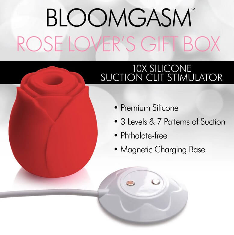 The XR Bloomgasm Rose shown next to the magnetic charging base that also comes with the vibrator. There's a lot of text on the image showcasing the different features. Text includes: "Bloomgasm Rose Lover's Gift Box. Premium silicone. 3 levels and 7 patterns of suction. Phthalate-free. Magnetic charging base." | Kinkly Shop