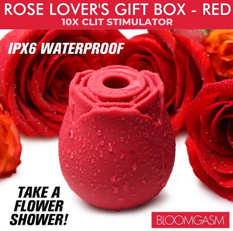 The XR Bloomgasm Rose covered in water droplets shown in front of a lot of real roses in the background. It matches in color. Text on the image reads: "Rose lover's gift box. IPX6 waterproof. Take a flower shower! Bloomgasm." | Kinkly Shop