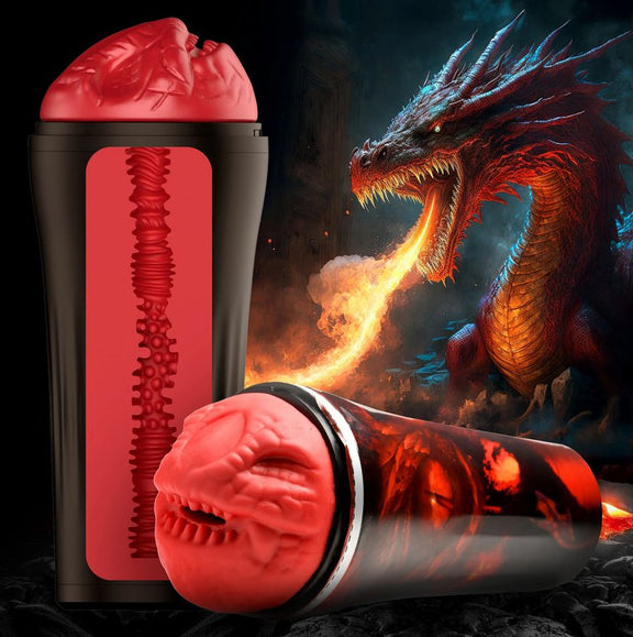 Dragon artwork in the background with the stroker in the foreground. There's a cross-section side image of the Creature Cocks Dragon Snatch, showcasing the tight, ribbed, textured channel of the inside of the stroker too. | Kinkly Shop