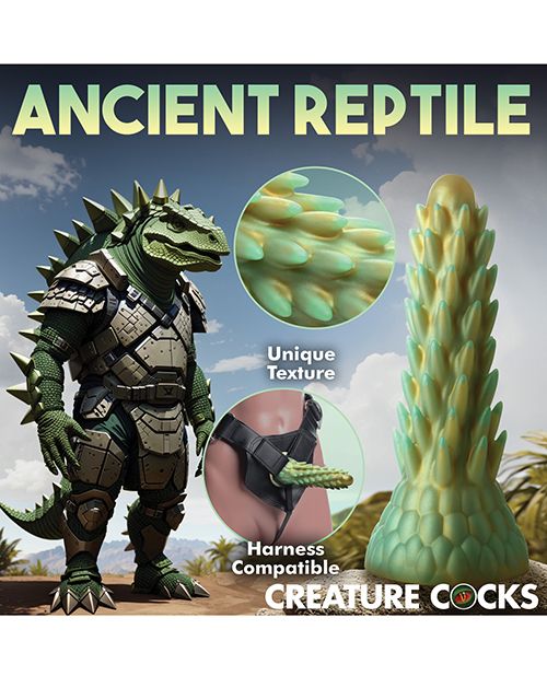 The Creative Cocks Stegosaurus dildo shown next to an illustration of a biped stegosaurus in armor. Text on the image reads: "Ancient reptile. Unique texture. Harness compatible. Creature Cocks." | Kinkly Shop