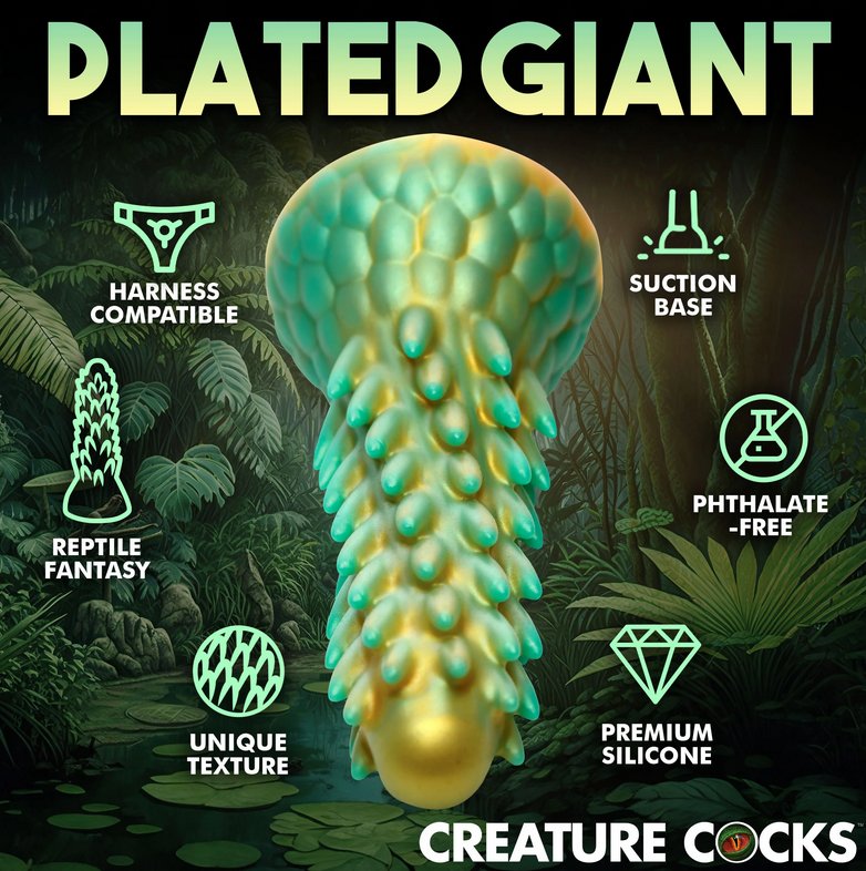 A close-up of the Creative Cocks Stegosaurus tip. The protruding spikes look really unique. Features are listed out around the image of the dildo. Text reads: "Plated giant. Harness compatible. Reptile fantasy. Unique texture. Suction base. Phthalate-free. Premium silicone." | Kinkly Shop